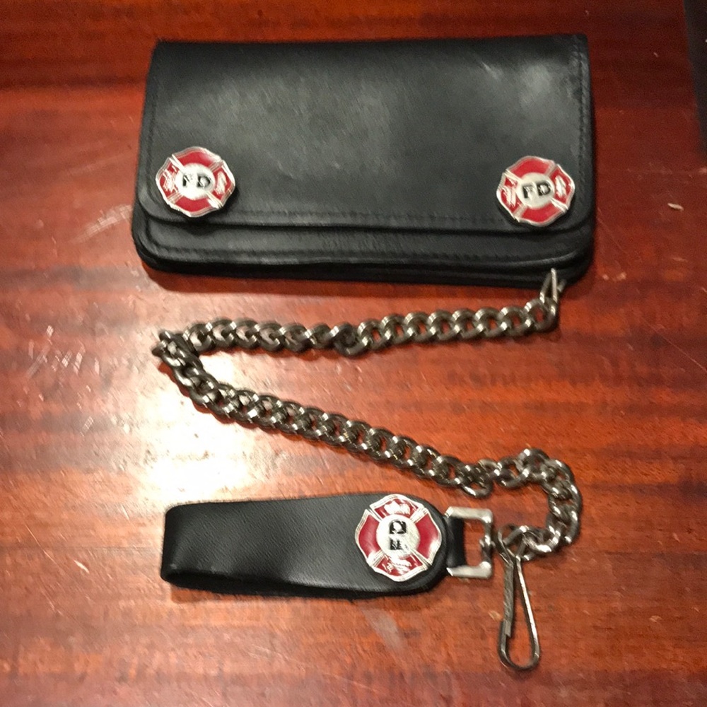 Leather Fire Department Logo Chain Wallet EUC